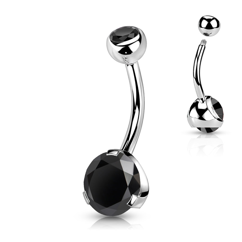 Melchior Jewellery sterling silver belly button piercing with curved barbell and large black faceted crystal