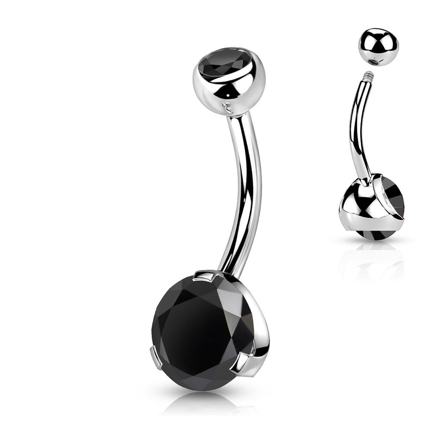 Melchior Jewellery sterling silver belly button piercing with curved barbell and large black faceted crystal