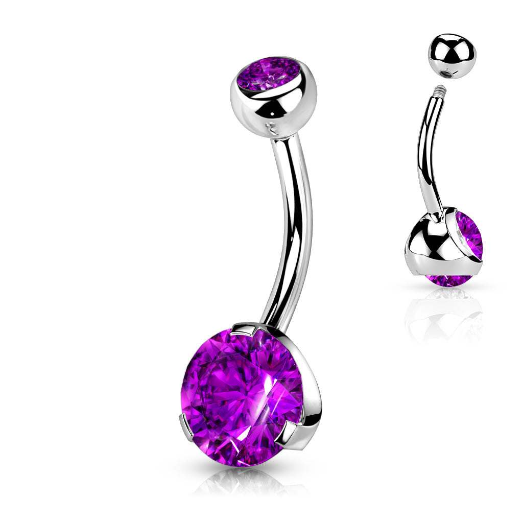 Melchior Jewellery sterling silver belly button piercing with curved barbell and large purple cubic zirconia gem