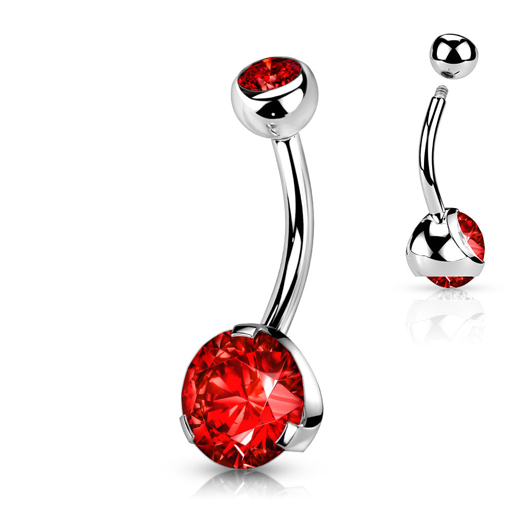 Melchior Jewellery sterling silver belly button piercing with curved barbell and large red faceted gem