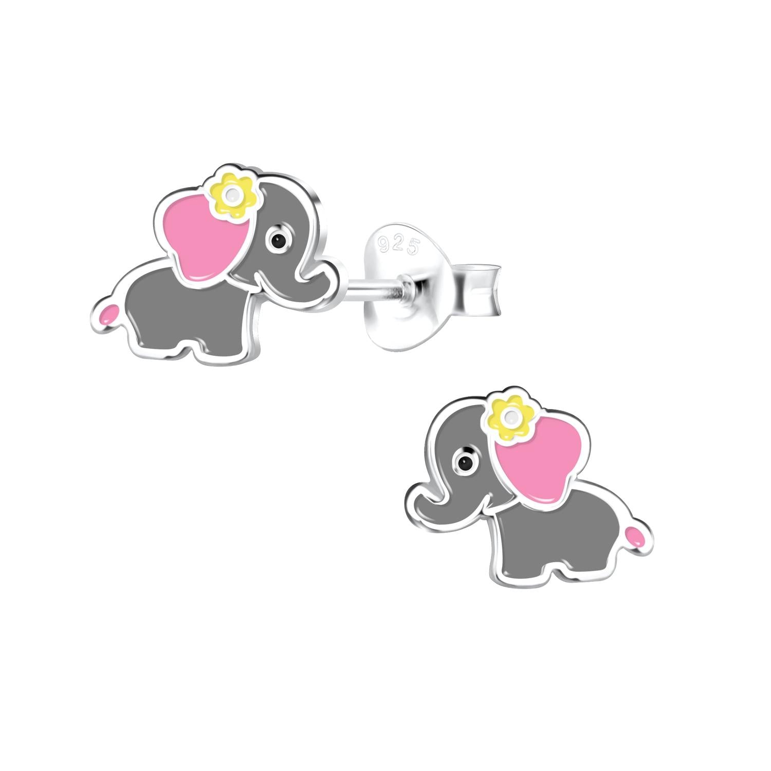 Melchior Jewellery childrens elephant earrings sterling silver with grey elephants pink ears and yellow flower detail