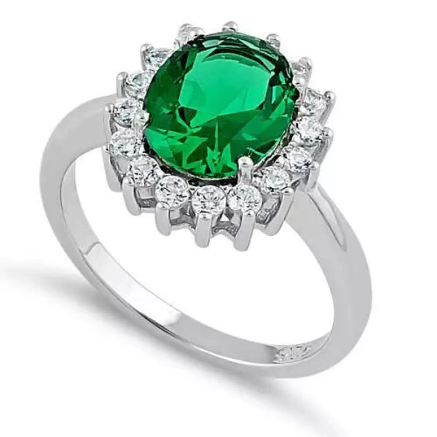 Sterling silver emerald green ring with oval centre stone surrounded by clear stones by Melchior Jewellery