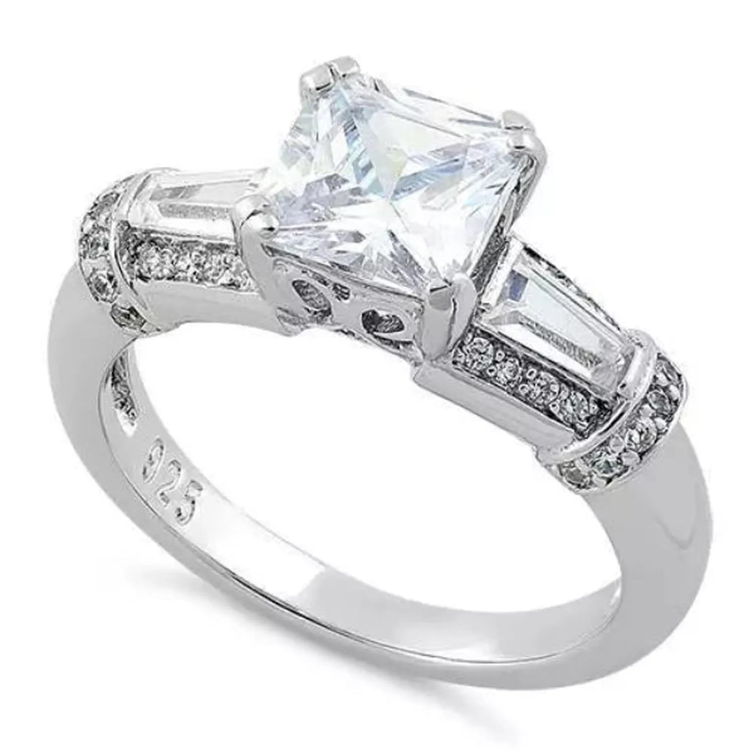 Sterling silver engagement ring with large square-cut gemstone and smaller side stones by Melchior Jewellery