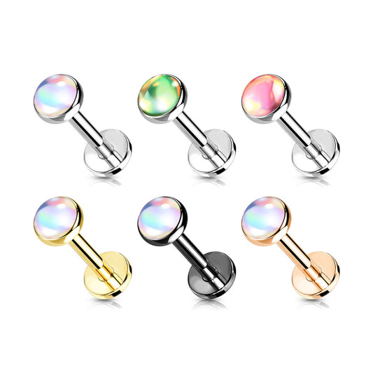 Melchior Jewellery flat back labret with iridescent stone in silver, gold, rose gold and black metal finishes