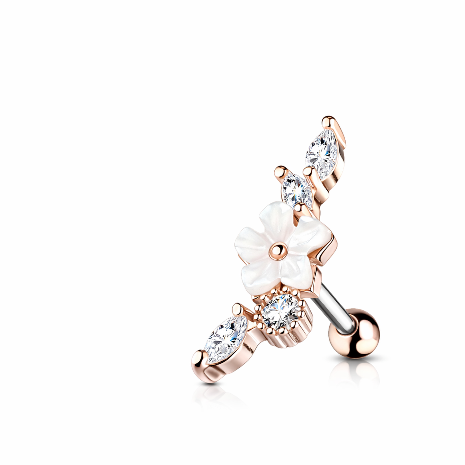 Steel Cartilage stud With CZ & Mother of Pearl Flower - Melchior Jewellery