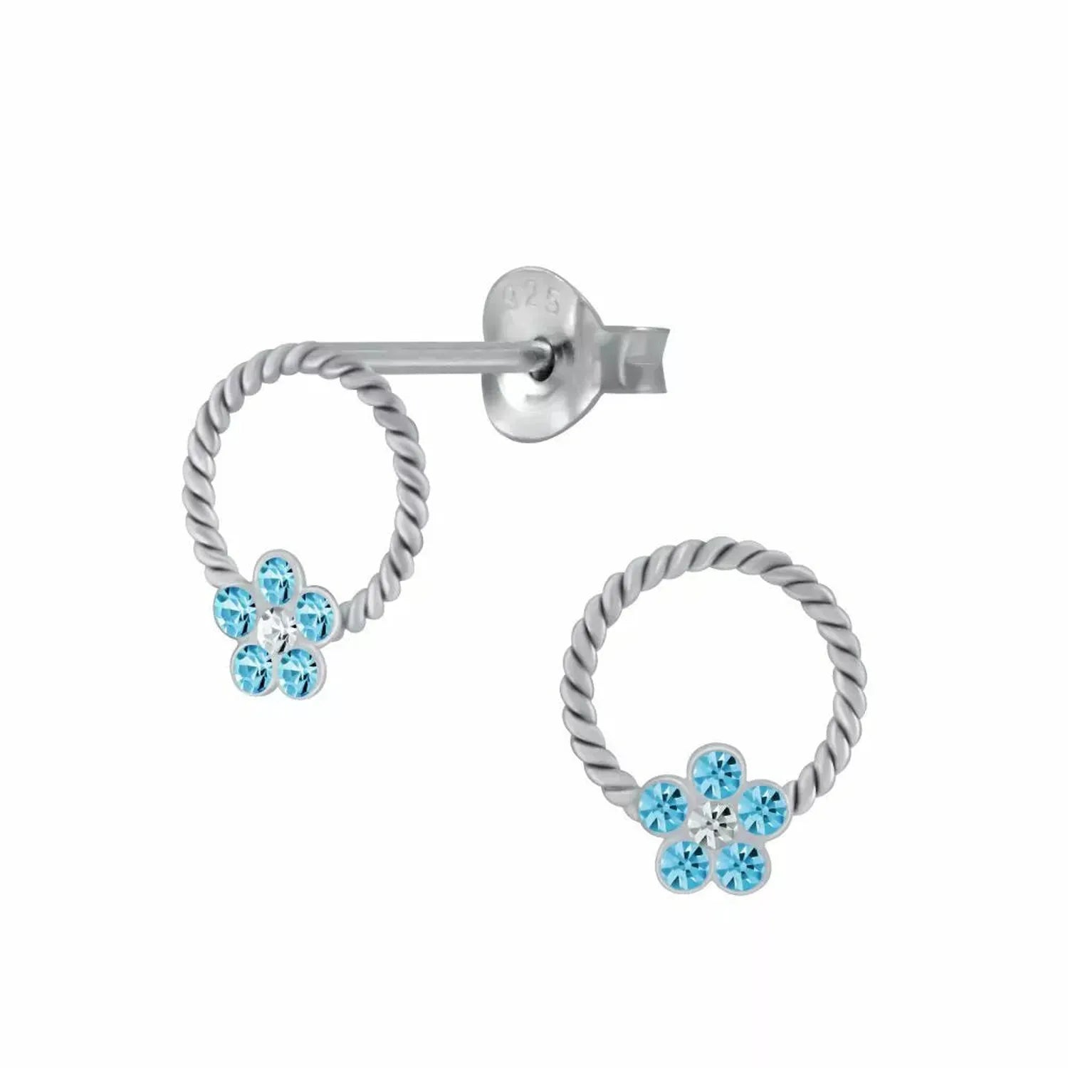 Childrens Sterling Silver Flower Aqua Crystal Stud Earrings - Melchior Jewellery