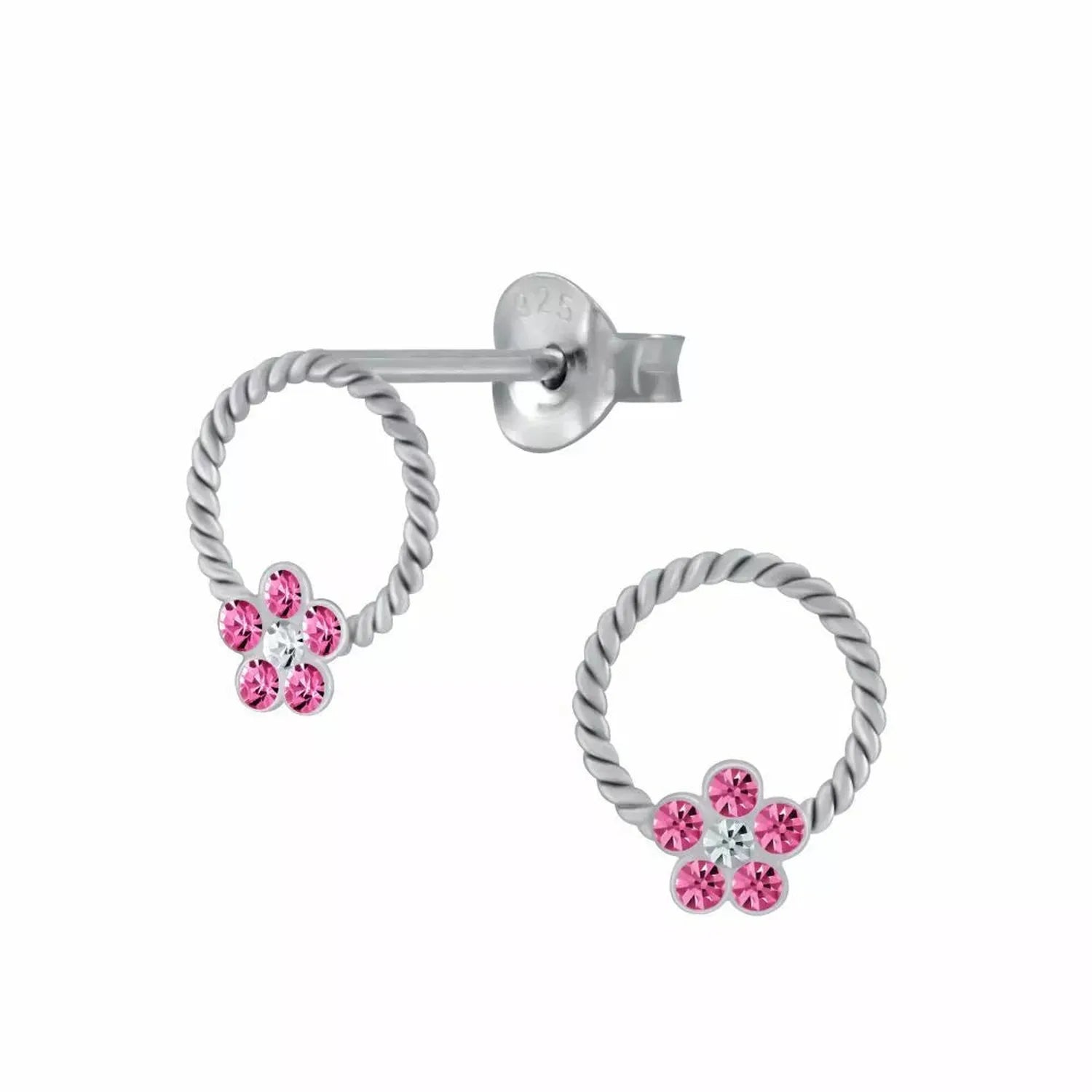 Melchior Jewellery children's sterling silver flower earrings with twisted hoop and pink gemstones