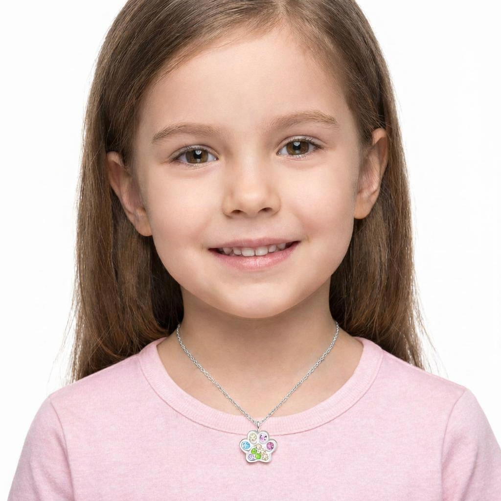 sterling silver CZ Paw Print Necklace with multicoloured stones for children by Melchior Jewellery