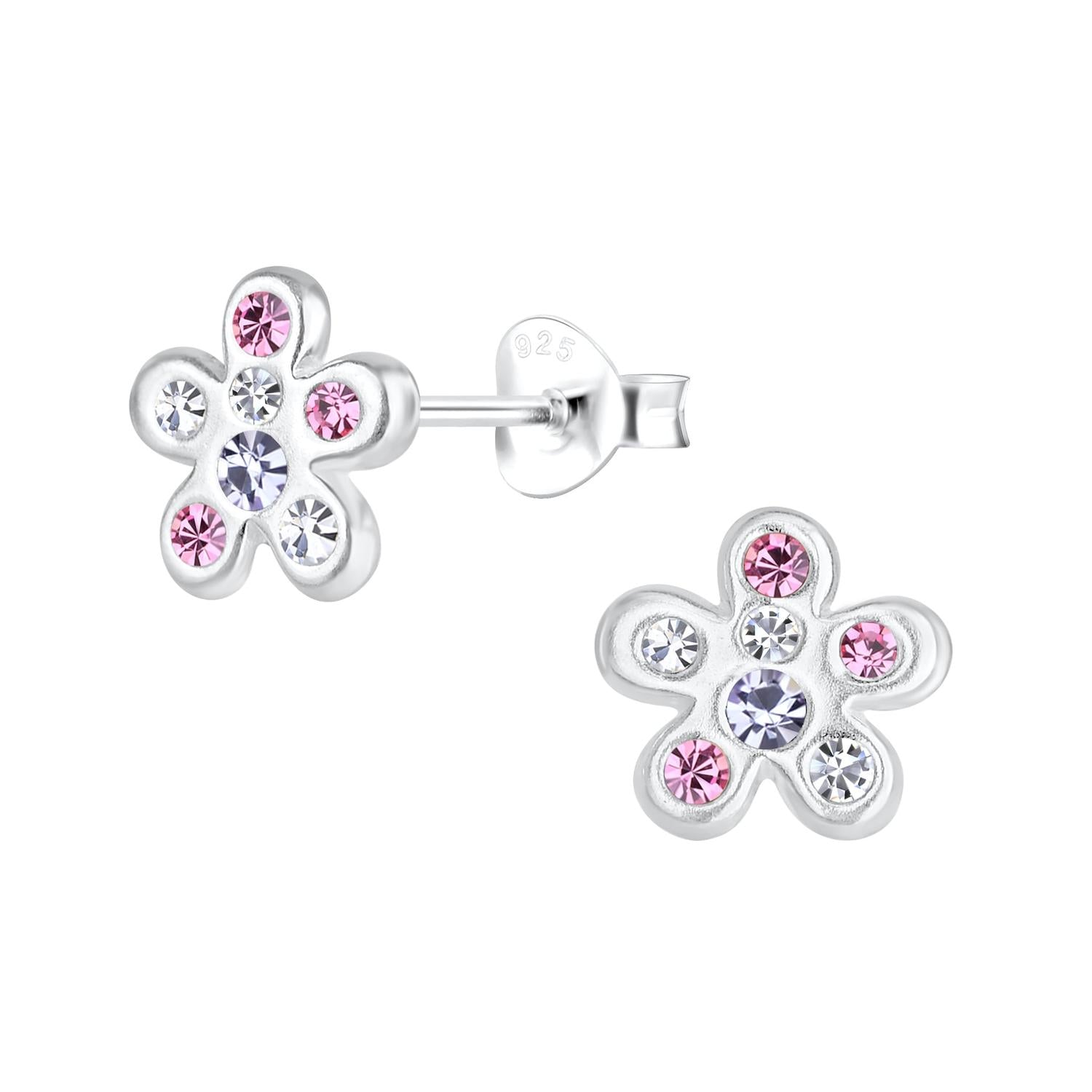 Sterling silver girls silver flower stud earrings with pink and clear crystals by Melchior Jewellery