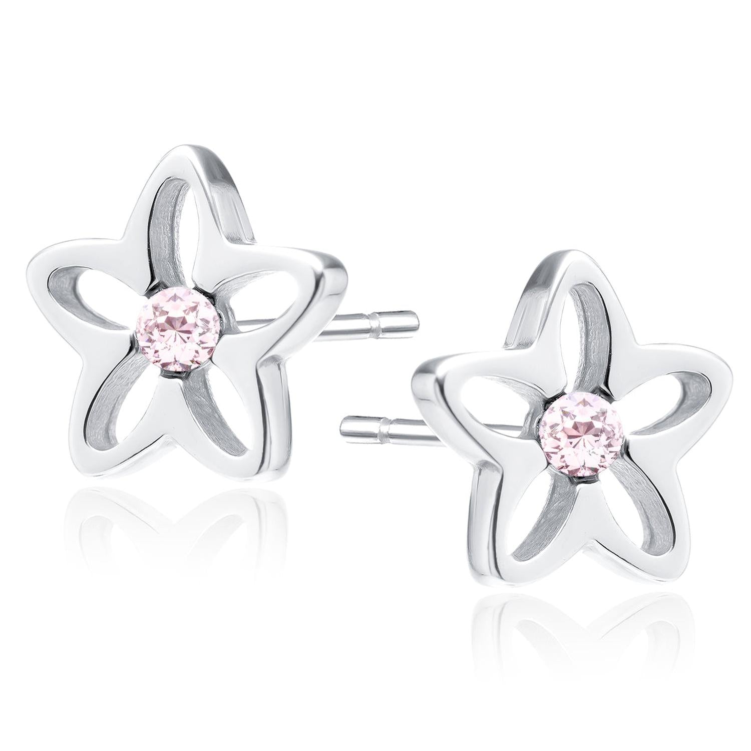 Sterling silver childrens Pink CZ Flower Stud Earrings with pink cubic zirconia and star design
