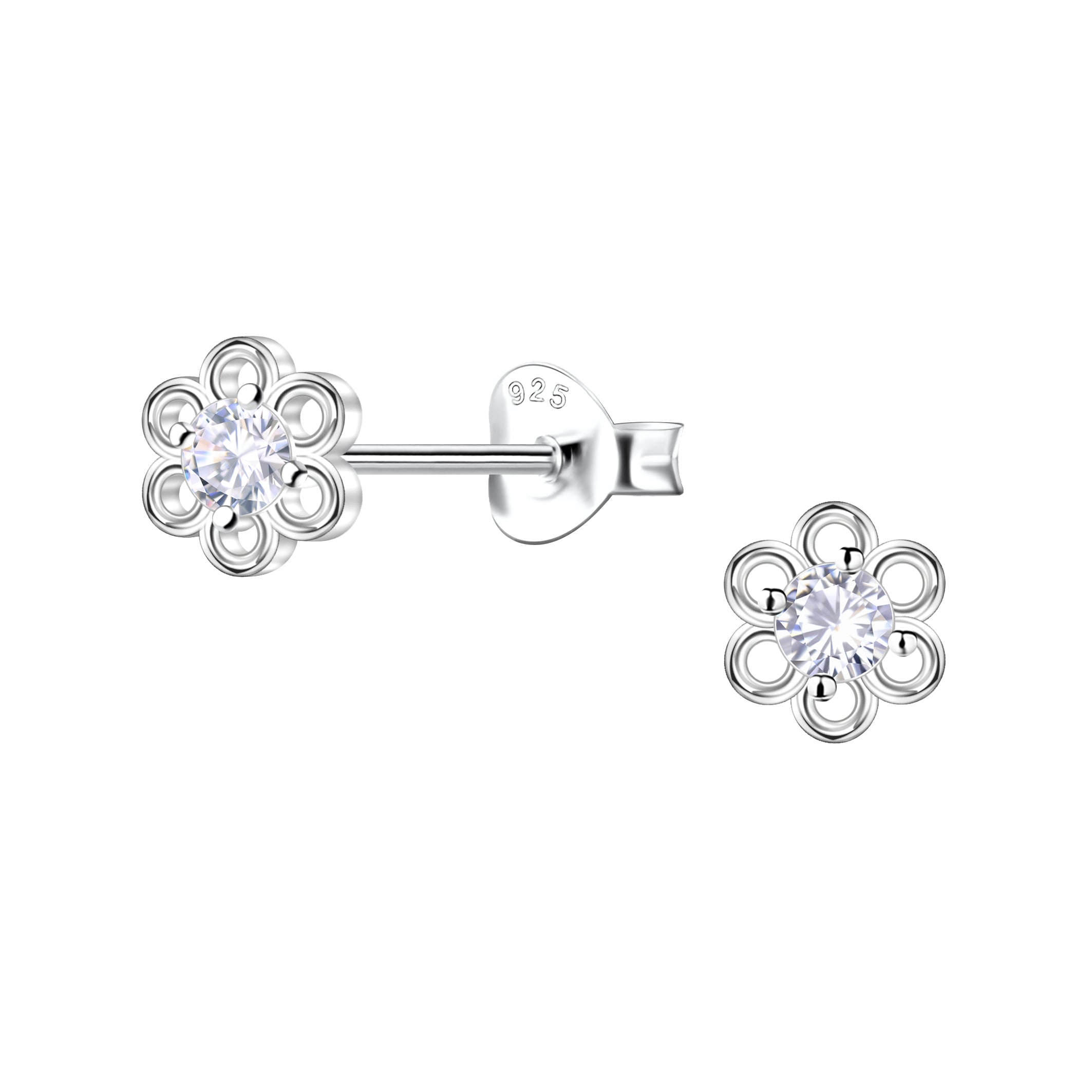 Sterling Silver CZ Flower Stud Earrings for Girls
