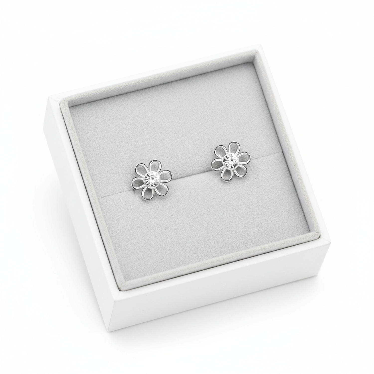 Melchior Jewellery sterling silver crystal stud earrings for kids in flower design presented in a white jewellery box