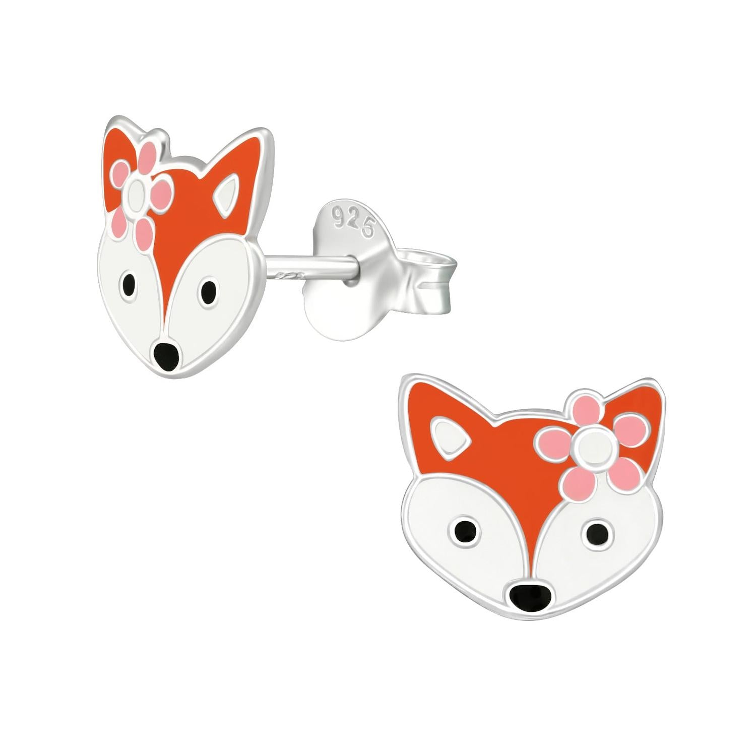 sterling silver orange and white girls fox earrings with pink flower detail from Melchior Jewellery