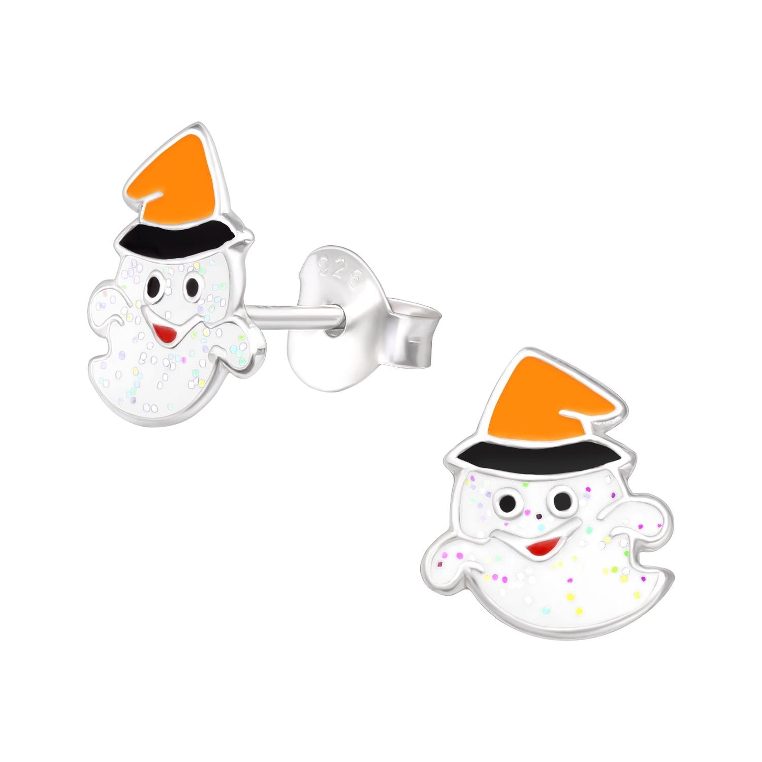 Melchior Jewellery sterling silver spooky earrings for children featuring cute ghost with orange witch hat