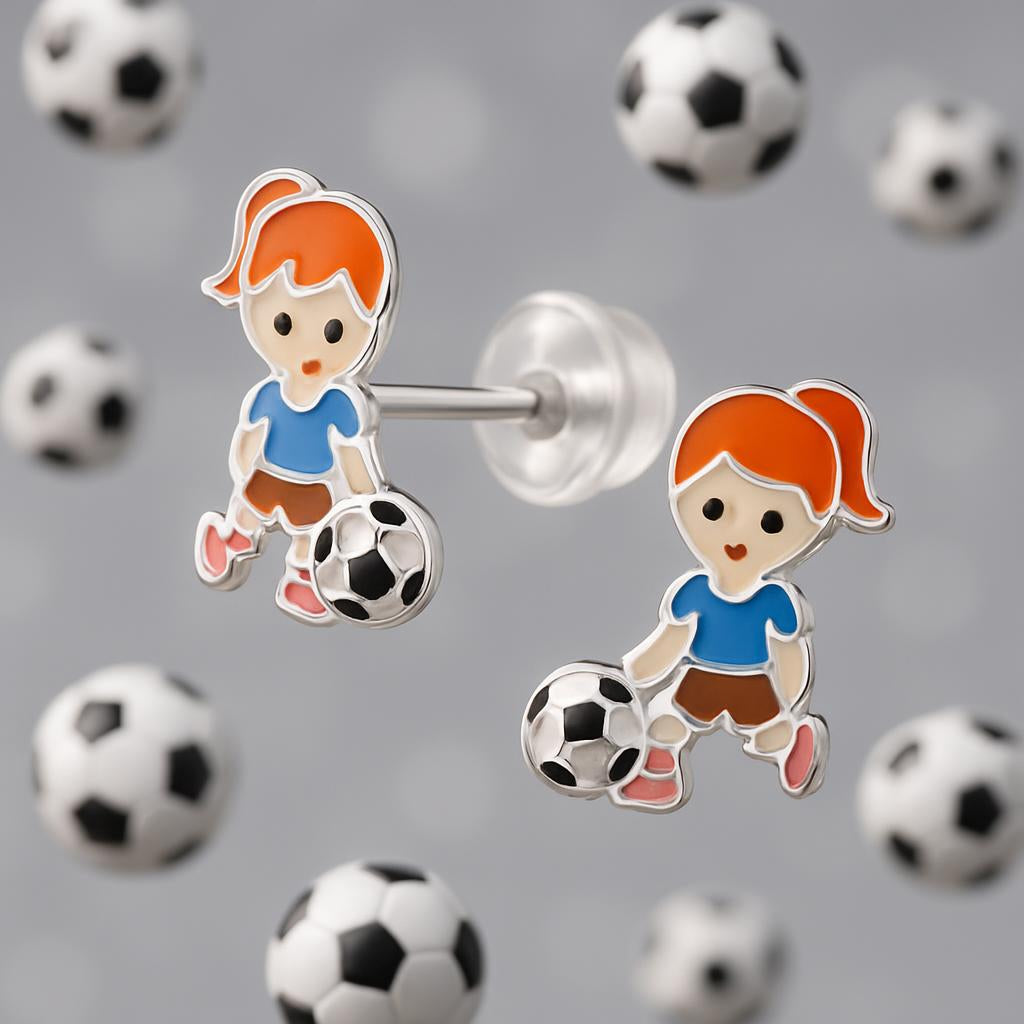 Girls football stud earrings by Melchior Jewellery featuring a girl with red hair and a football design