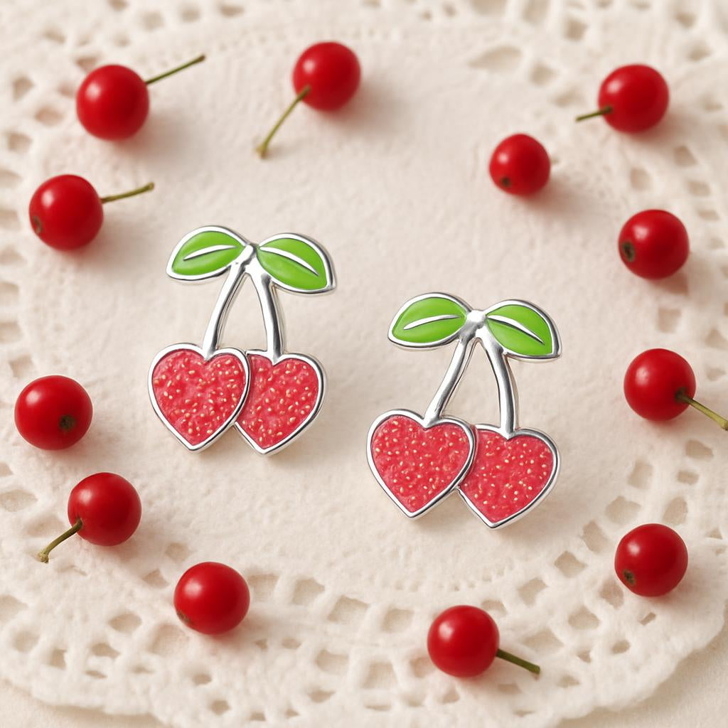 Melchior Jewellery girls silver cherry earrings with red enamel hearts and green leaves for children