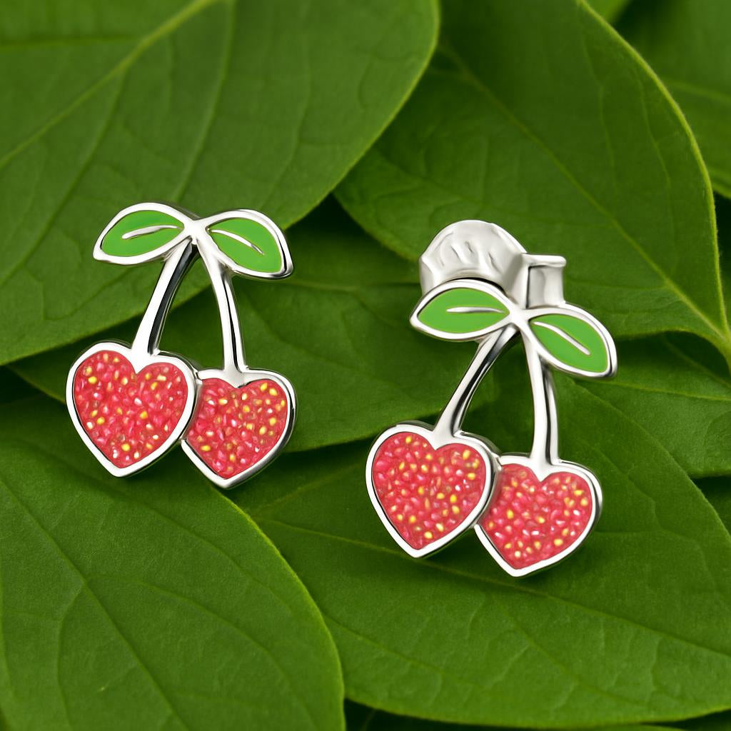 Melchior Jewellery girls silver cherry earrings with red heart-shaped cherries and green leaves on silver stems