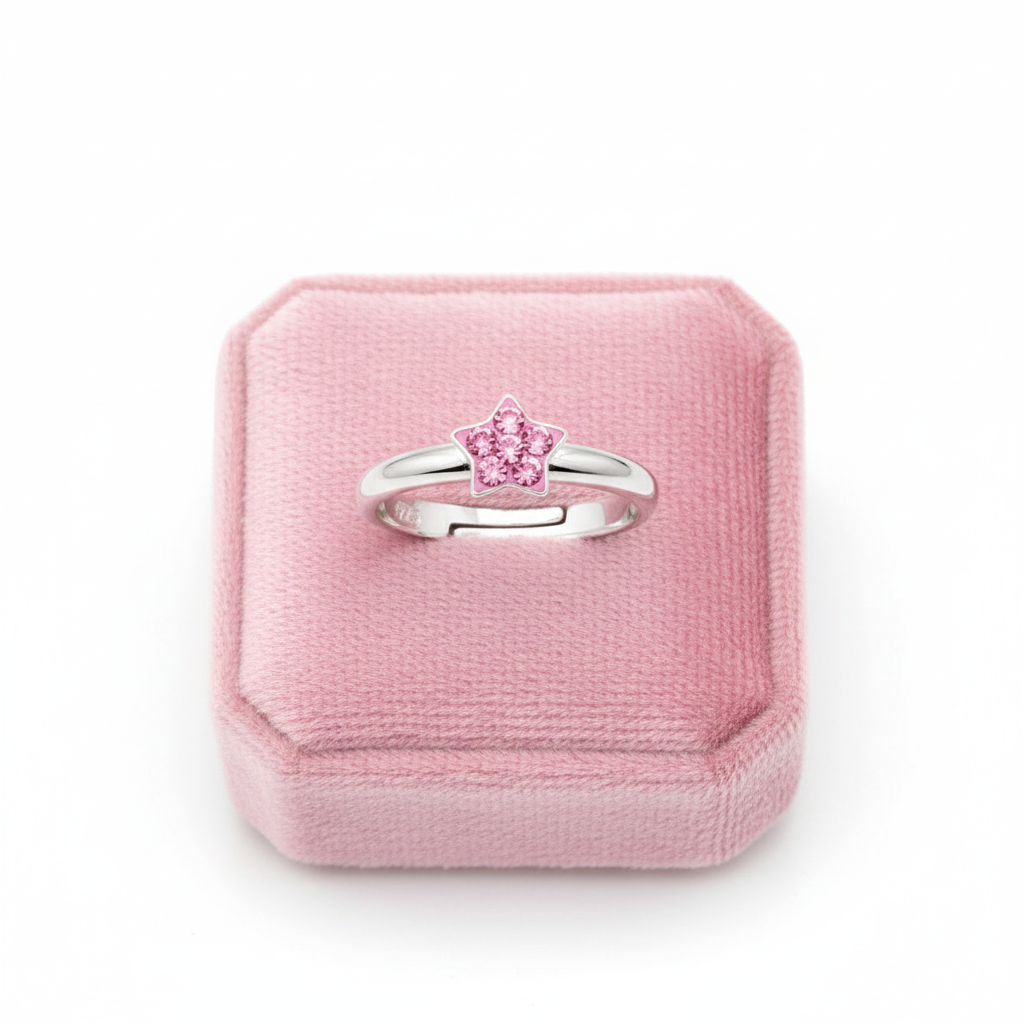 Melchior Jewellery silver girls star ring with pink gemstones on a pink velvet box