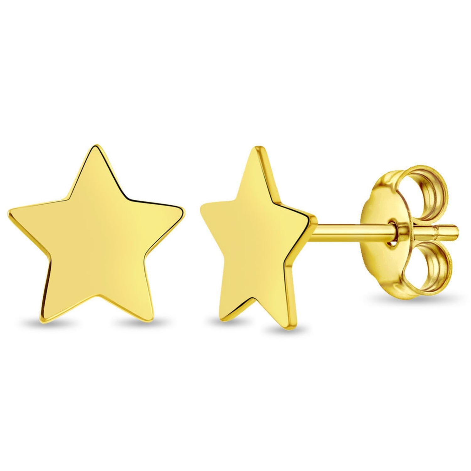 Shiny 14k gold star stud earrings for girls with smooth polished surface and secure butterfly backs