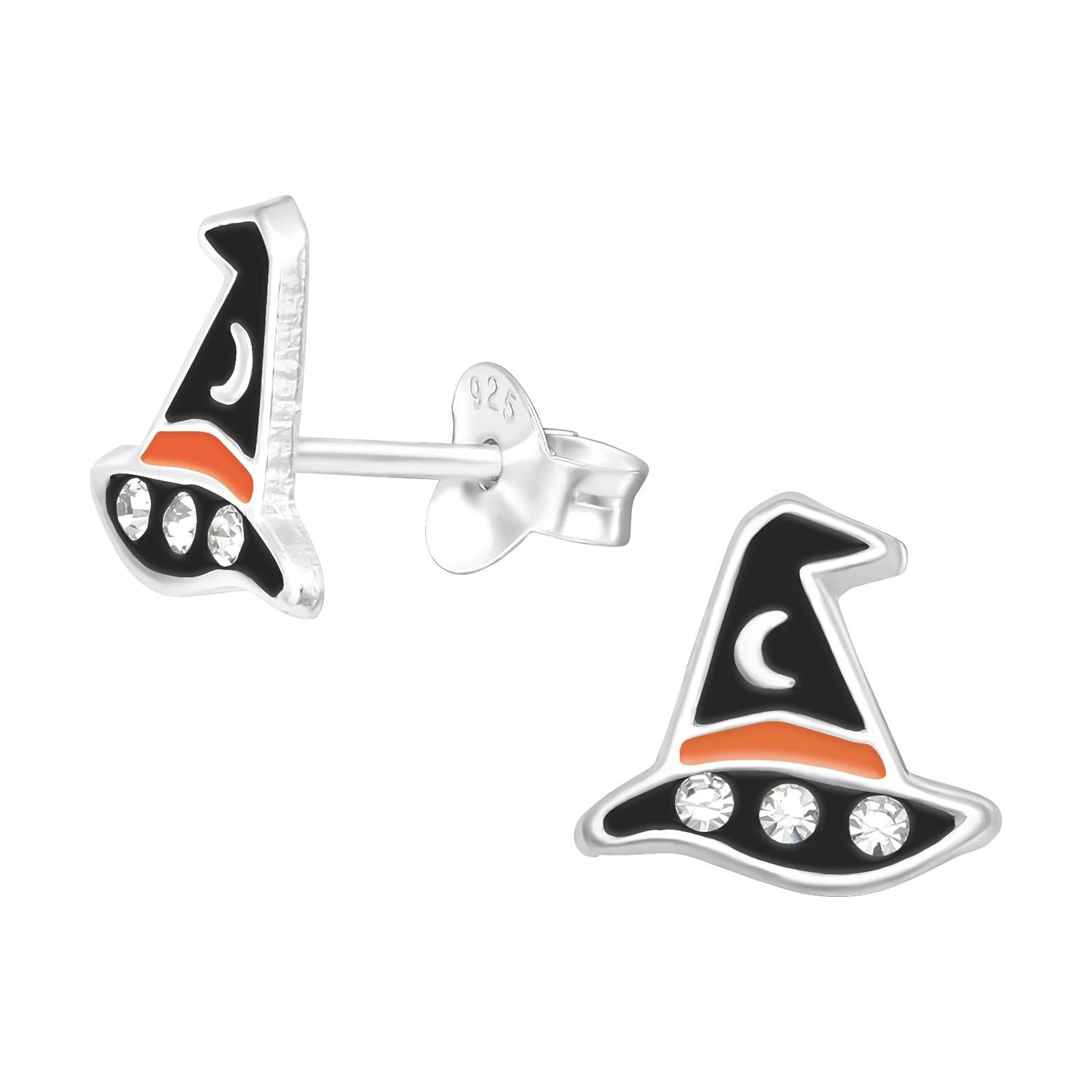 Sterling silver Melchior Jewellery witch hat earrings with black enamel, orange band, and three clear crystals