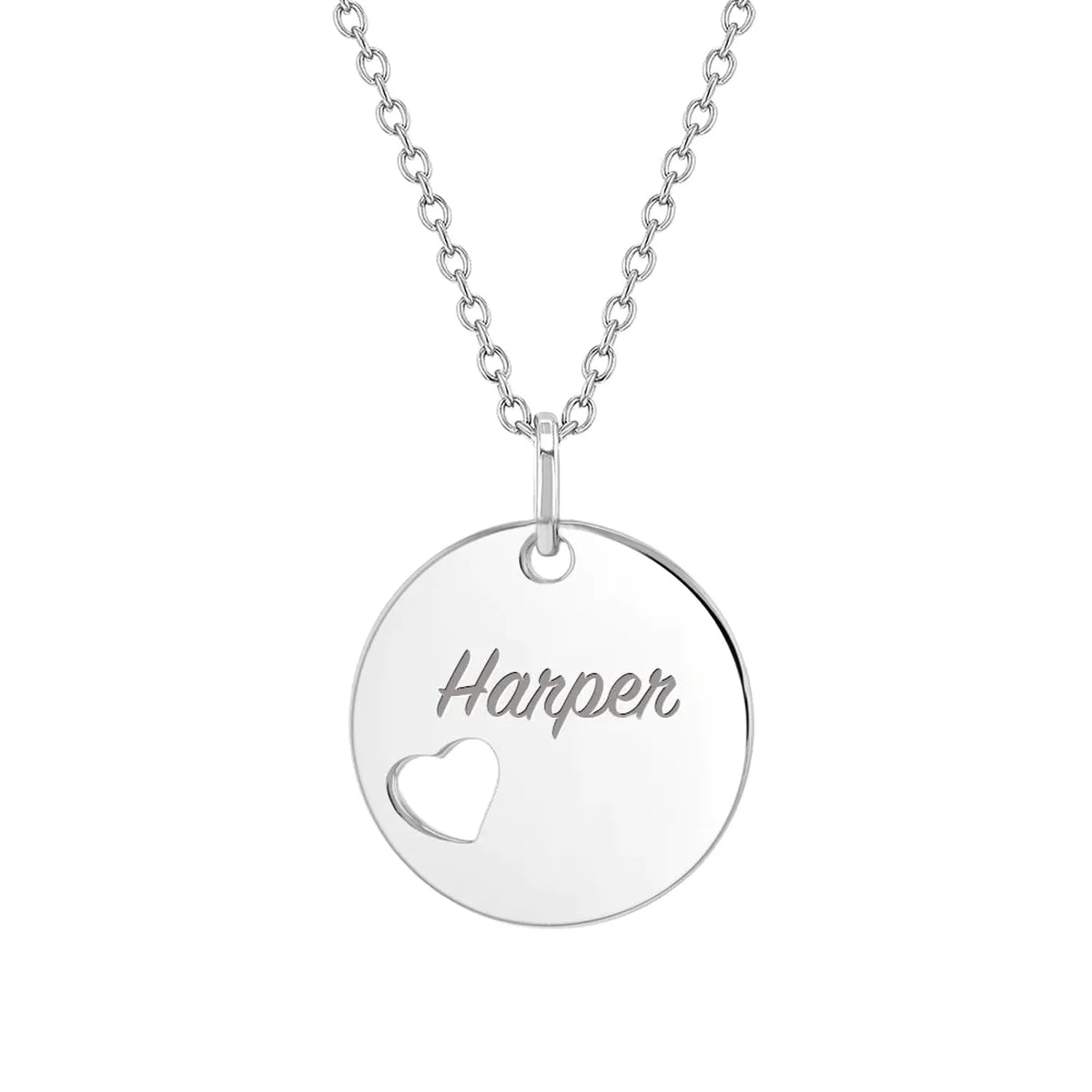 sterling silver childrens personalised necklace with round pendant and heart cutout by Melchior Jewellery