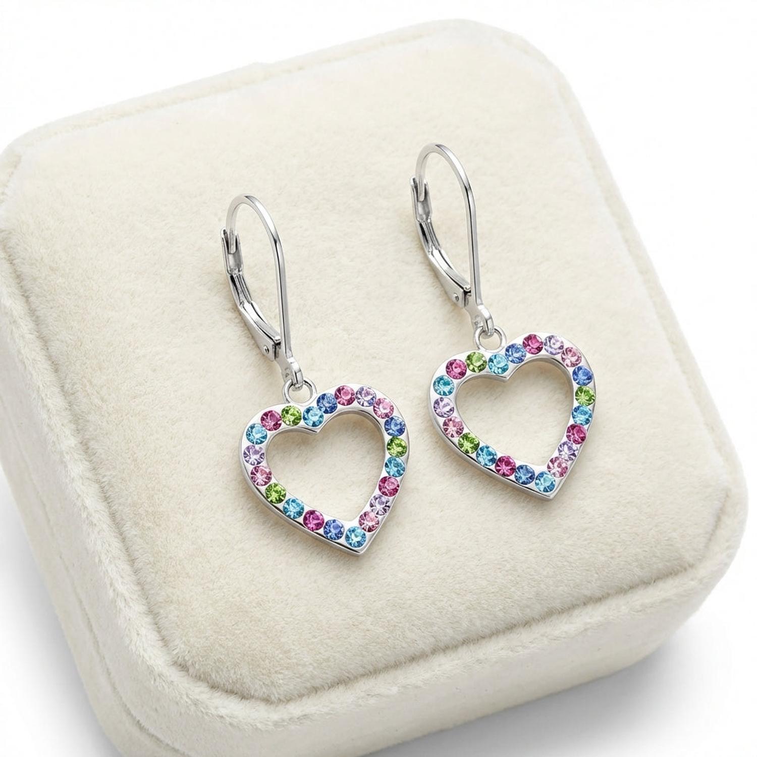 Melchior Jewellery crystal open heart drop earrings with multicoloured crystals on silver hooks