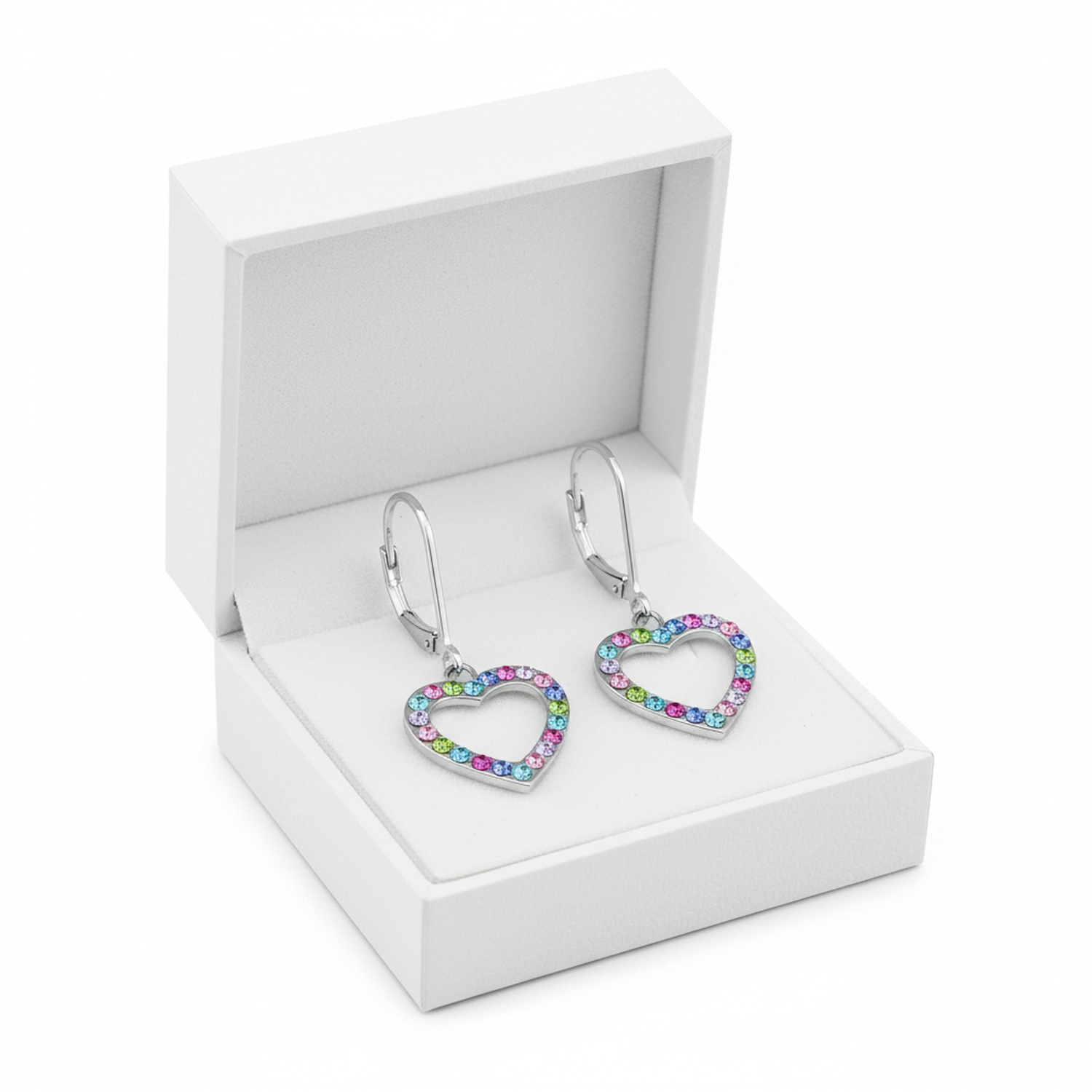 Melchior Jewellery crystal open heart drop earrings with multicolour crystals in white gift box
