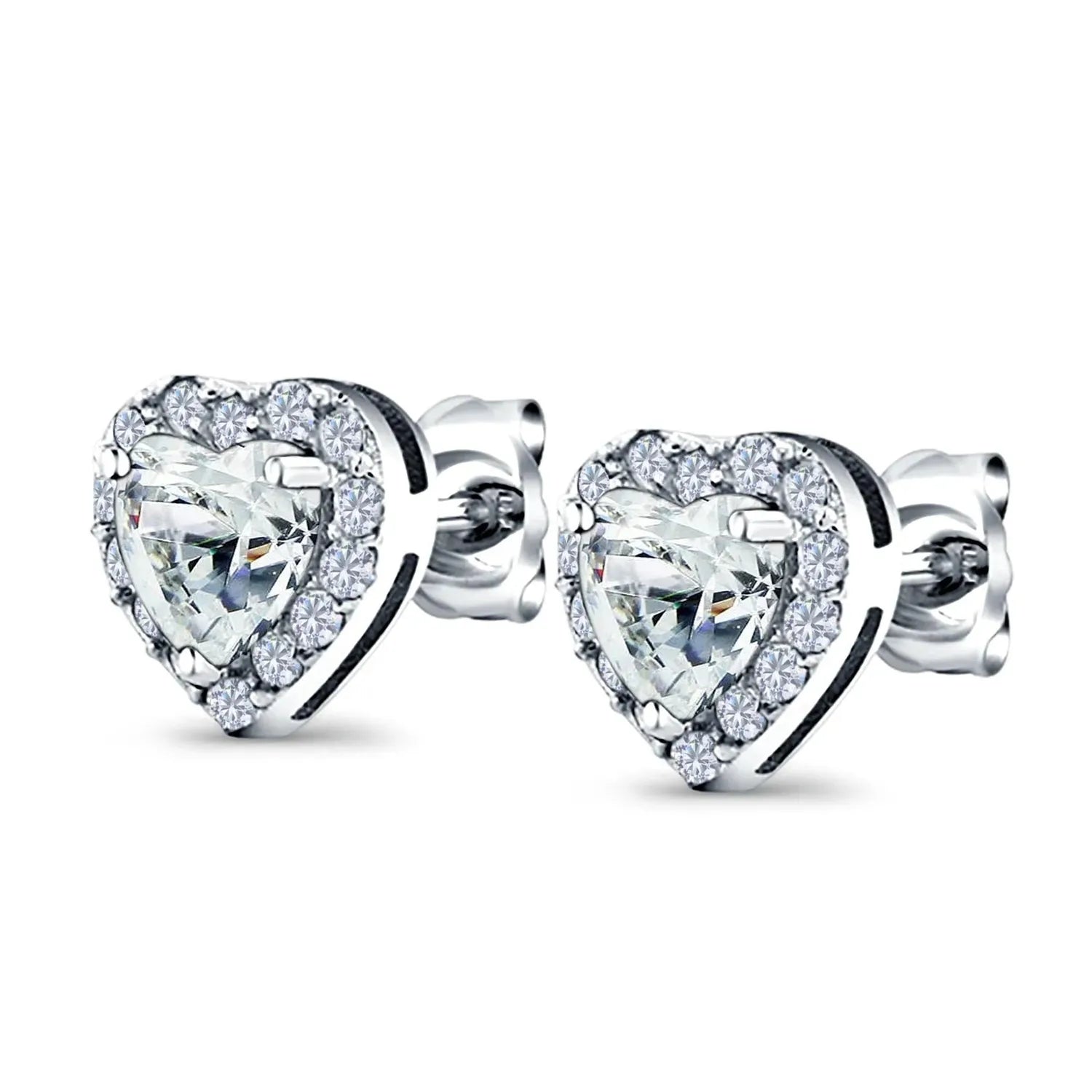 Melchior Jewellery sterling silver stud earrings with heart-shaped clear crystals surrounded by smaller round stones