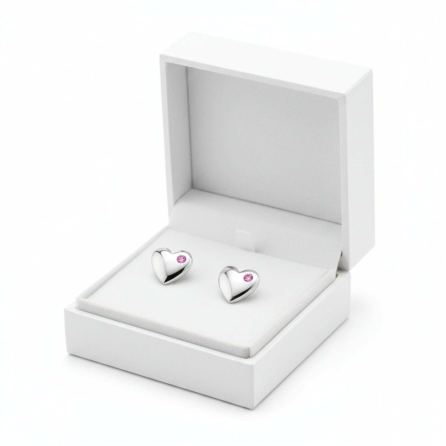 Melchior Jewellery sterling silver girls heart earrings with pink stones in white gift box