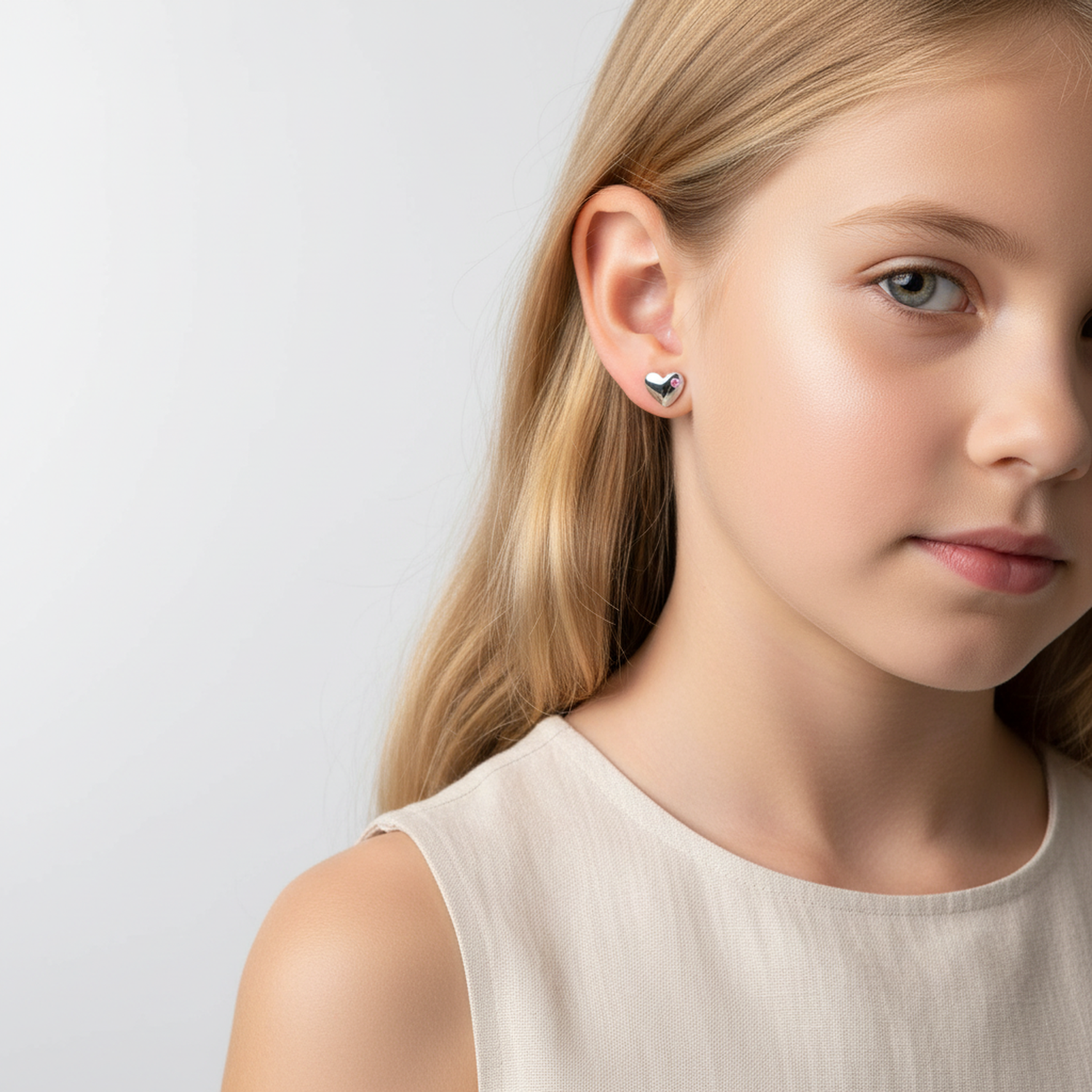 Sterling silver girls heart earrings worn by young girl with blonde hair and cream dress
