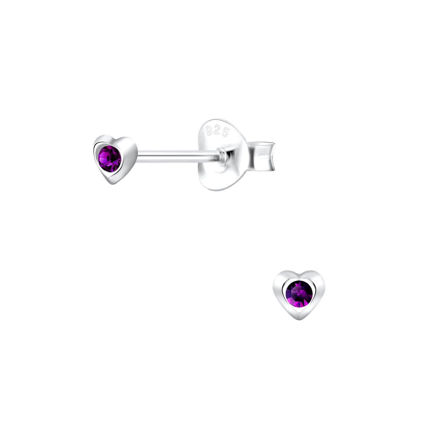 sterling silver heart shaped amethyst stud earrings for kids with purple gemstones