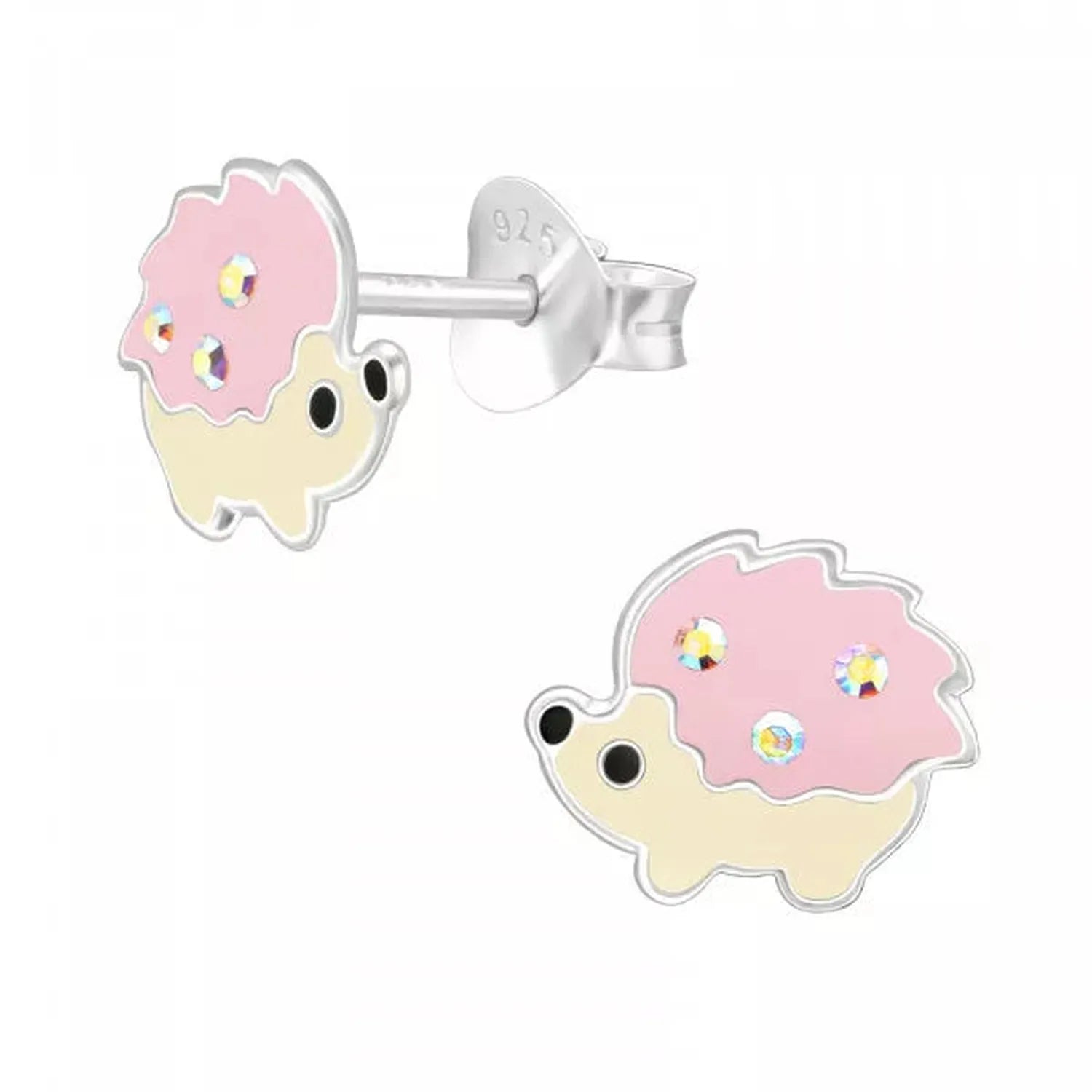 Sterling silver pink hedgehog stud earrings with gemstones for children by Melchior Jewellery