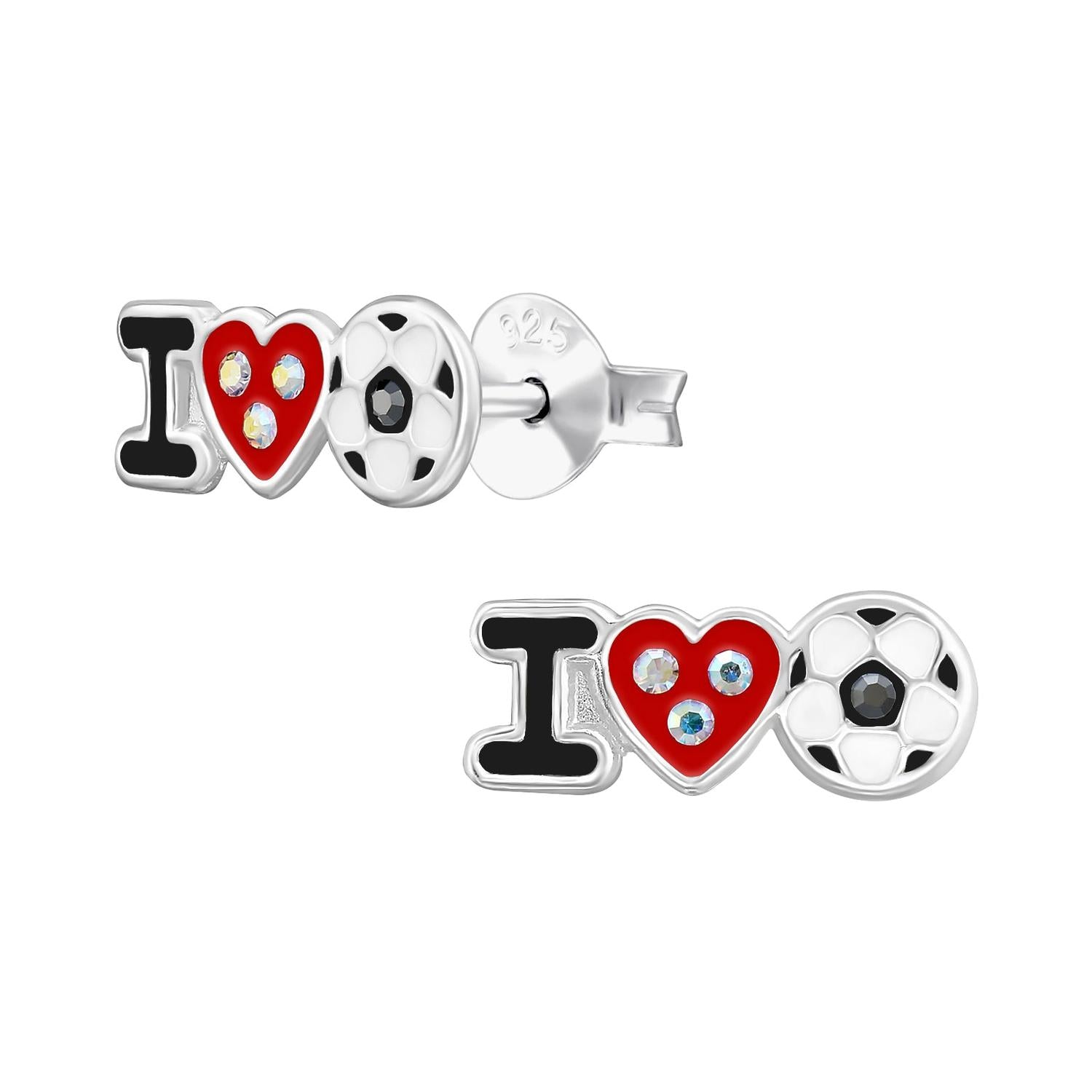 Melchior Jewellery silver football jewellery for kids featuring I love football stud earrings with red heart and crystal details