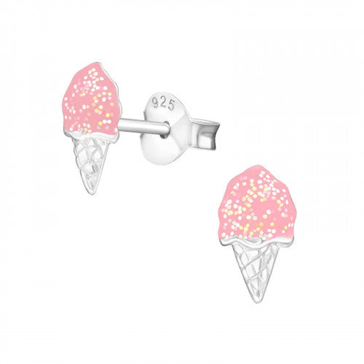 sterling silver pink girls ice cream earrings with glittery detail for children by Melchior Jewellery