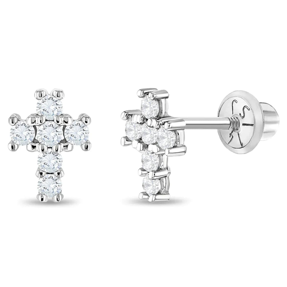 14k gold cross earrings for girls by In Season Jewellery with sparkling stones on a secure screw back