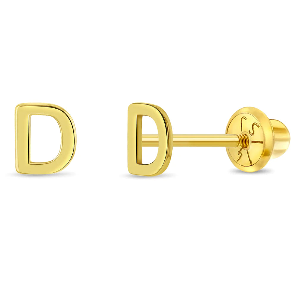 14k gold letter D earrings for girls by In Season Jewellery with secure screw back design