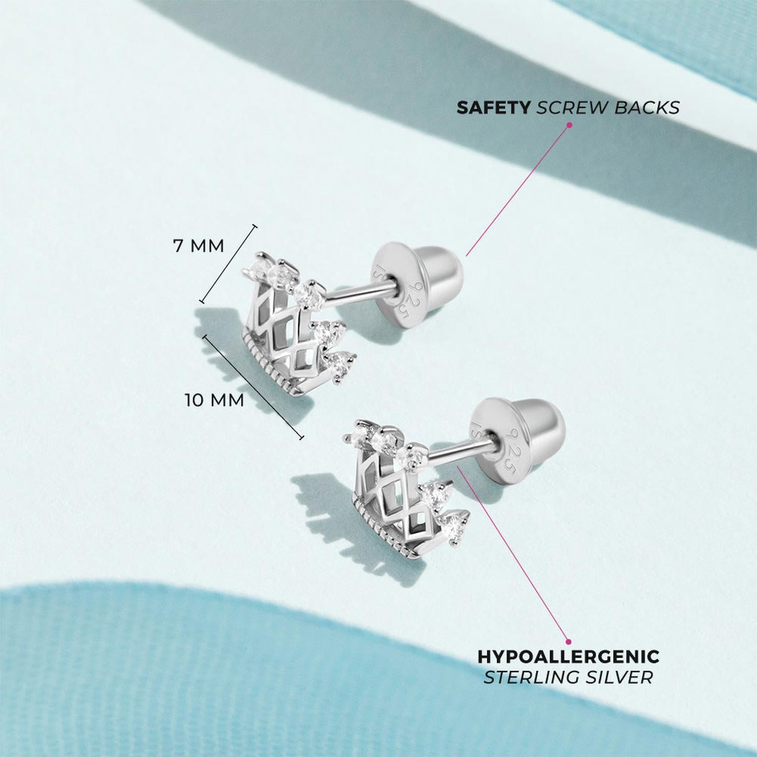 Sterling silver crown earrings girls with safety screw backs and hypoallergenic design by In Season Jewellery