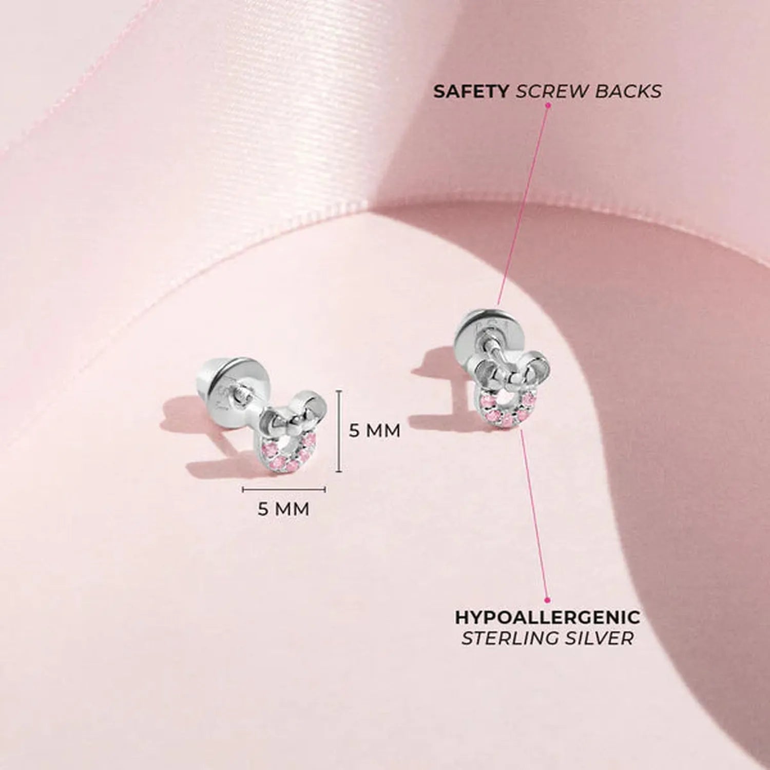 Sterling silver girls mouse earrings in silver with pink crystal details hypoallergenic 5mm studs by In Season Jewellery
