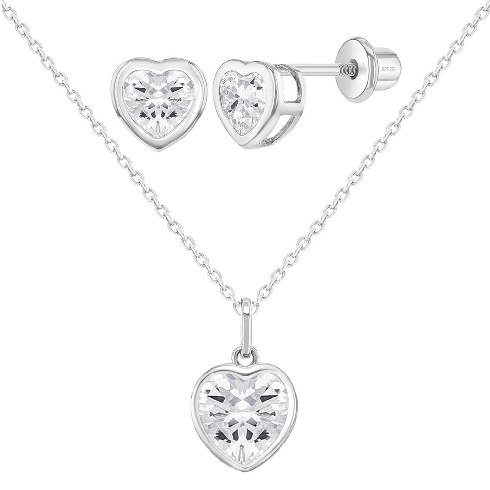 Melchior Jewellery girls sterling silver heart necklace set with sparkling cubic zirconia pendant and stud earrings