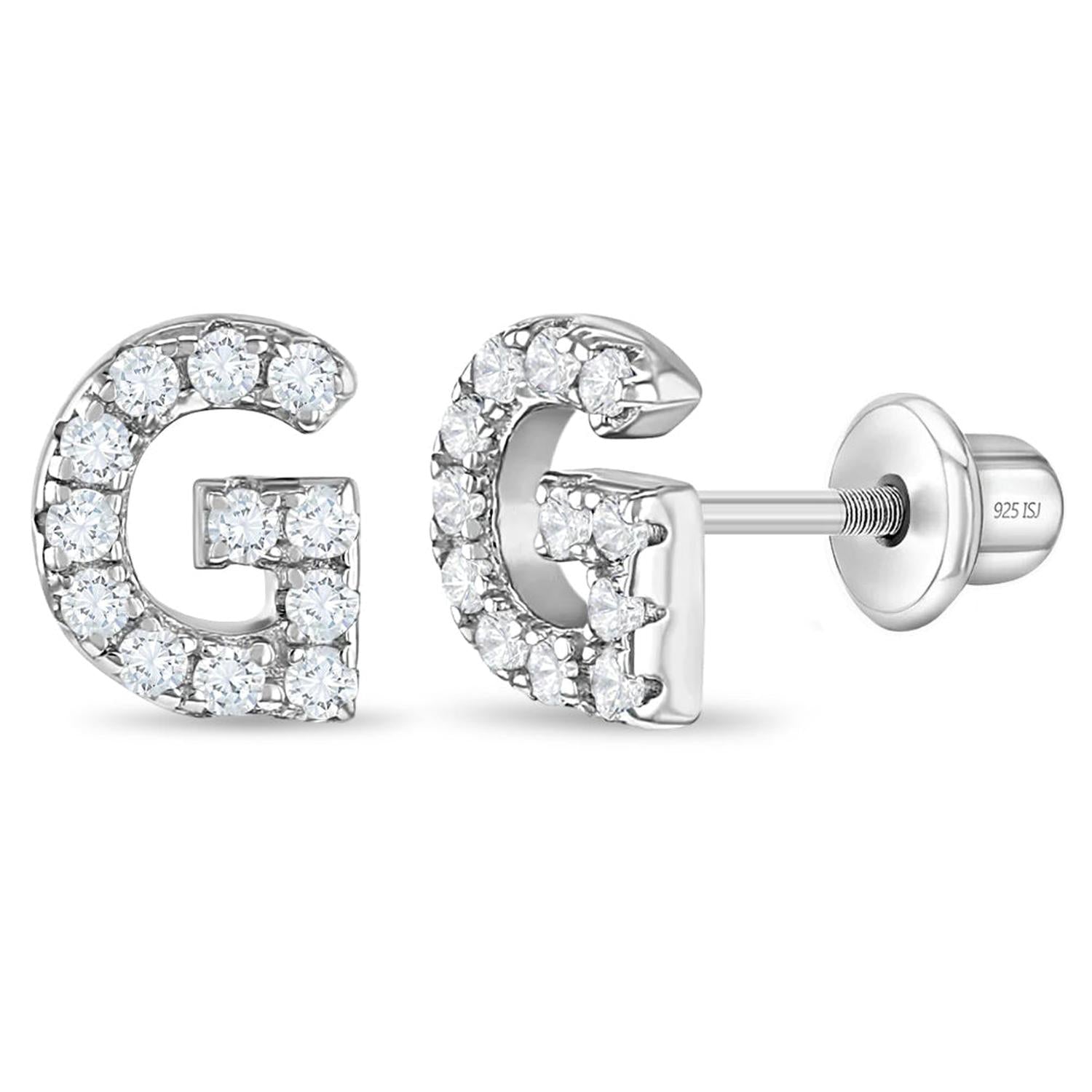 Girls sterling silver initial G earrings by In Season Jewellery with sparkling clear crystals