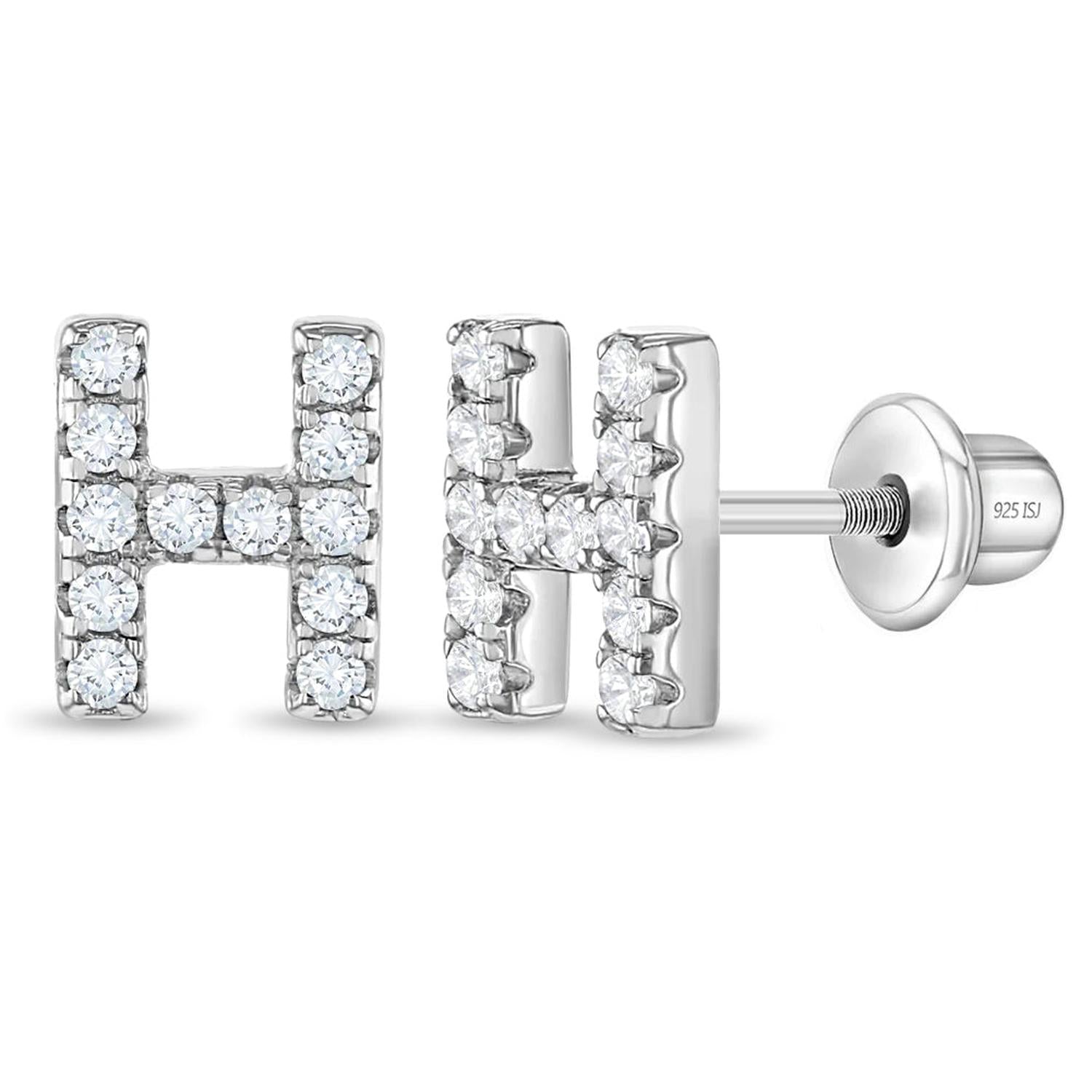 Girls sterling silver initial H earrings from In Season Jewellery studded with sparkling clear crystals