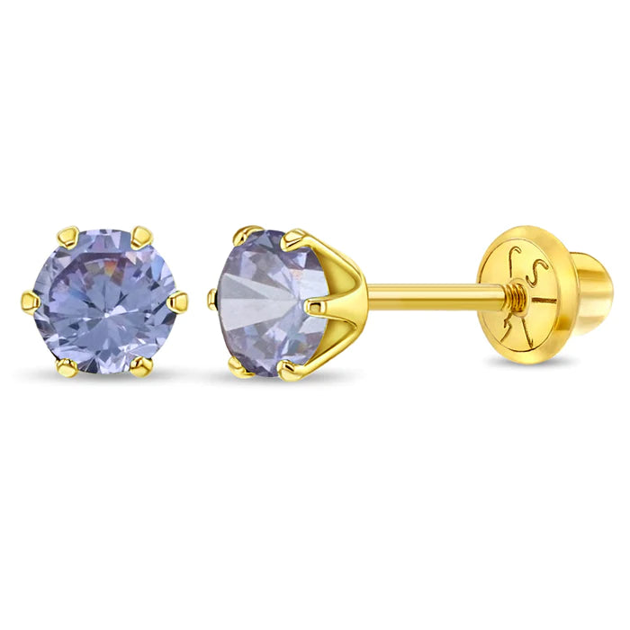 In Season Jewellery girls yellow gold screw back earrings violet gemstone studs for children