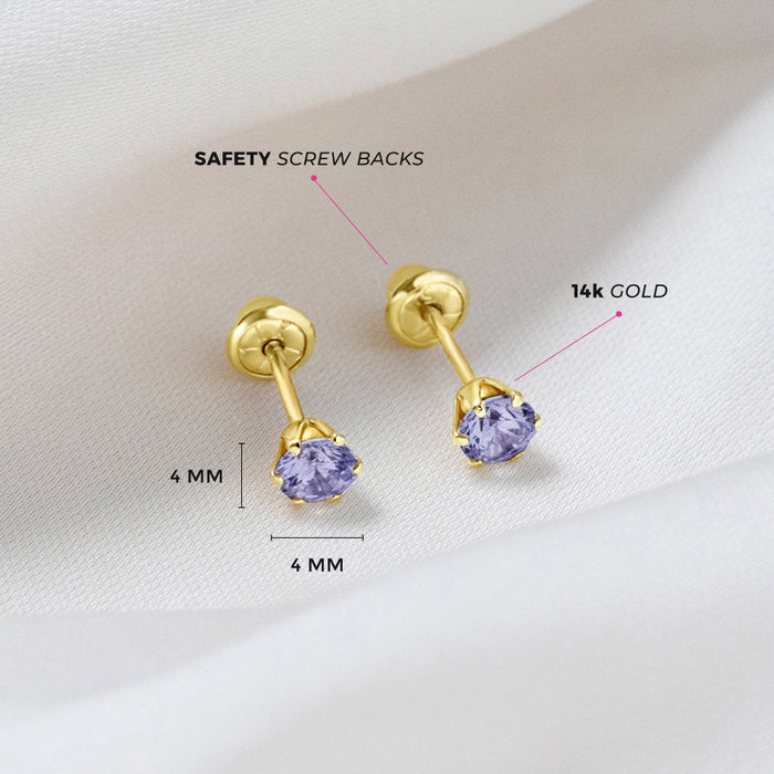 In Season Jewellery girls yellow gold screw back earrings 14k gold 4mm purple gemstone studs for children