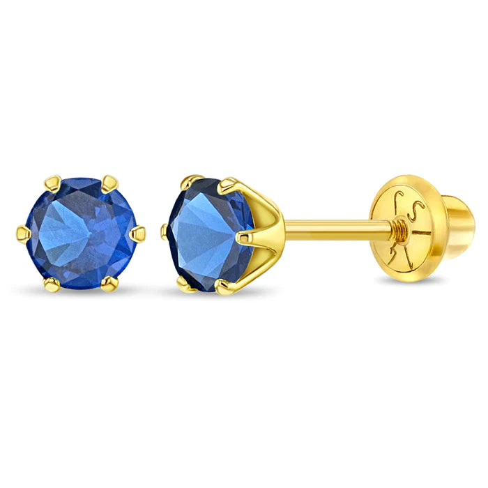 Kids gold earrings with sapphire stone by In Season Jewellery featuring round blue sapphire set in gold studs