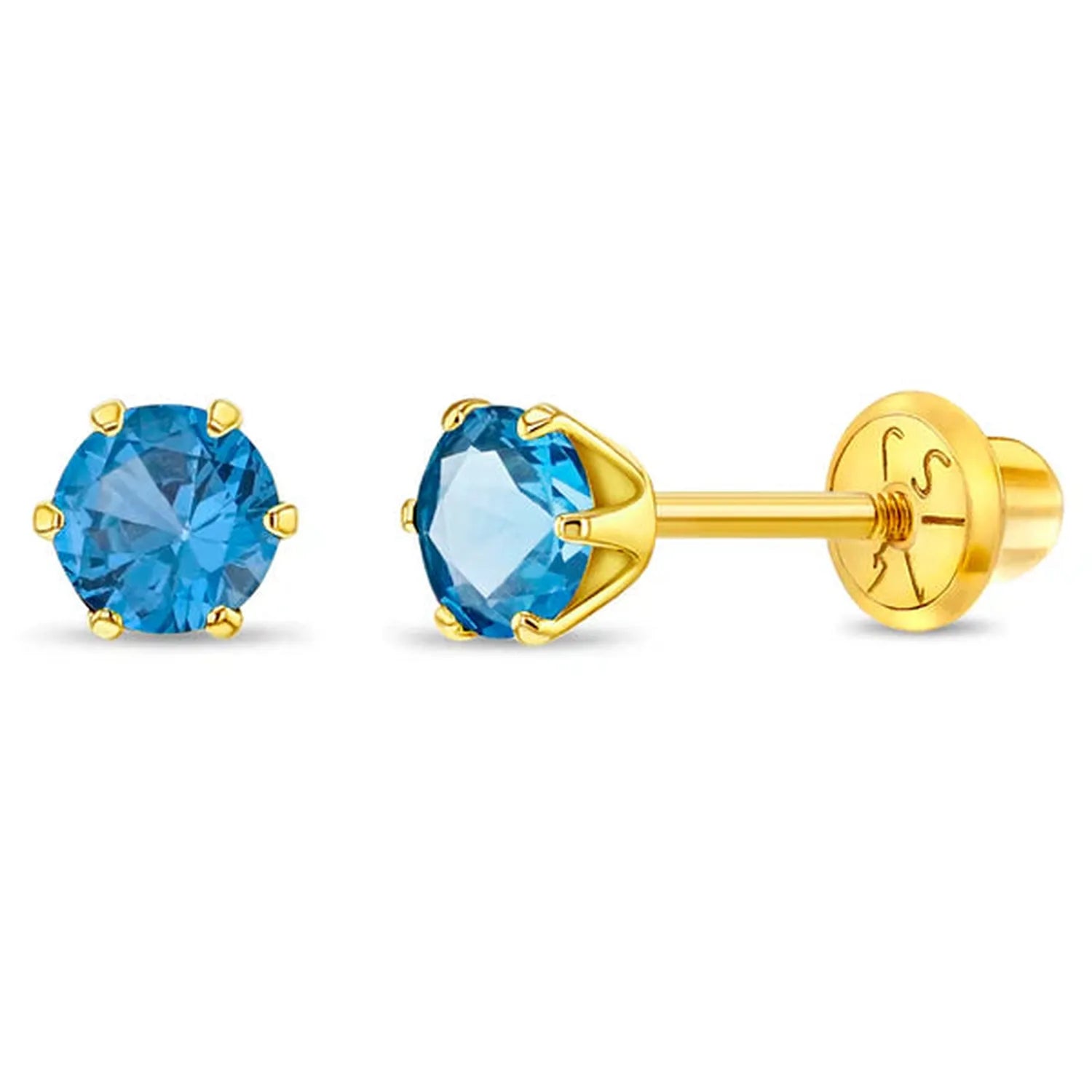 14k gold December birthstone earrings for children by In Season Jewellery with blue gemstones
