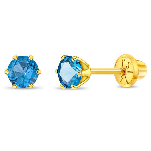 14k gold December birthstone earrings for children by In Season Jewellery with blue gemstones