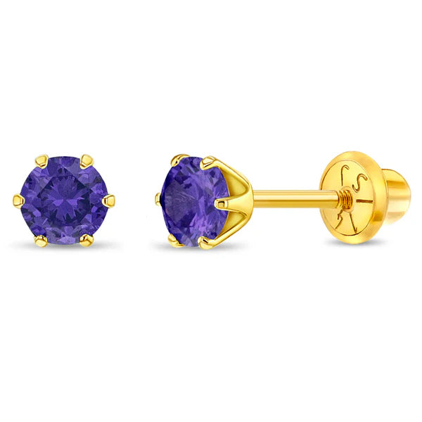 In Season Jewellery 14k gold February birthstone earrings for children with purple gemstone studs