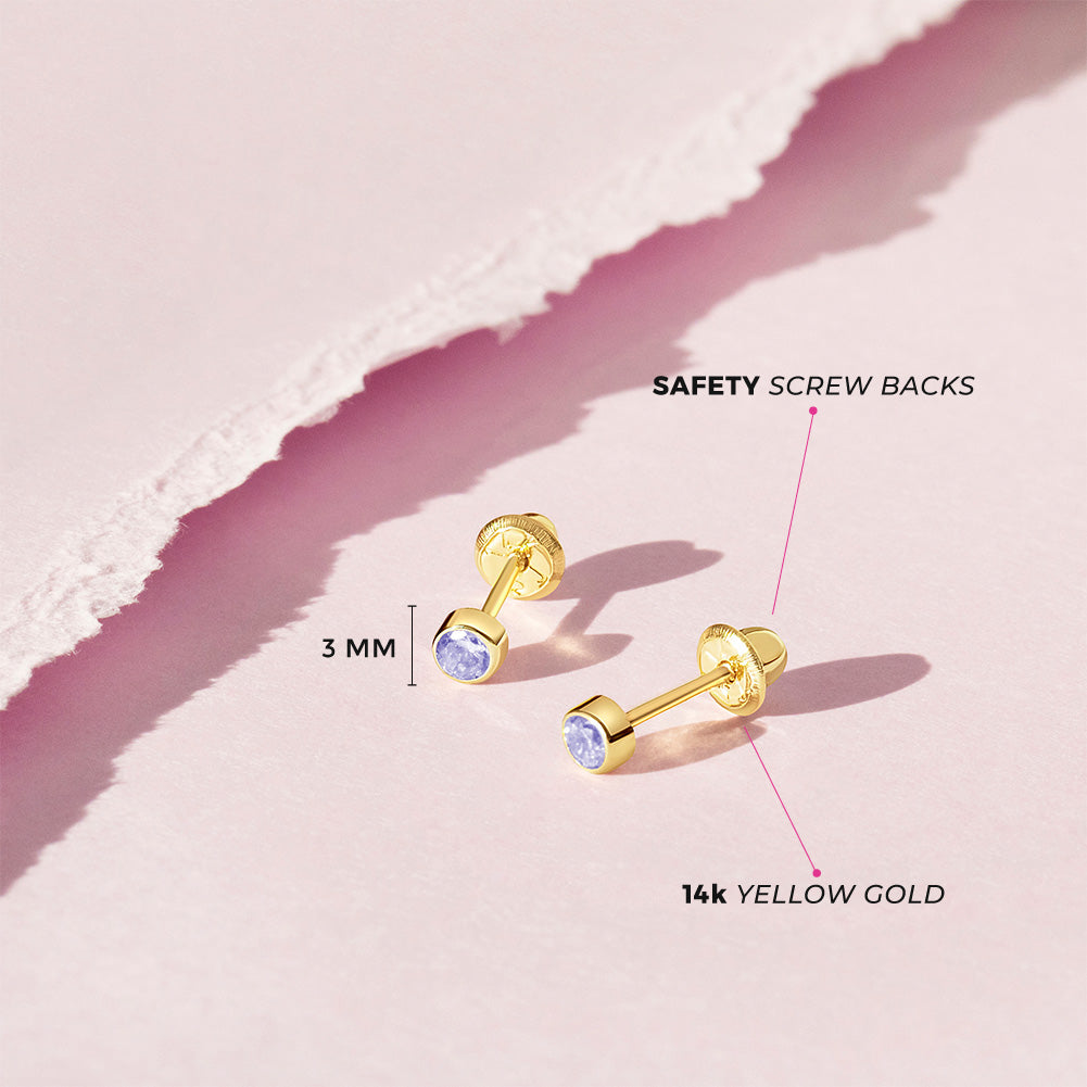 14k gold June birthstone earrings for girls with safety screw backs and 3mm stones by In Season Jewellery