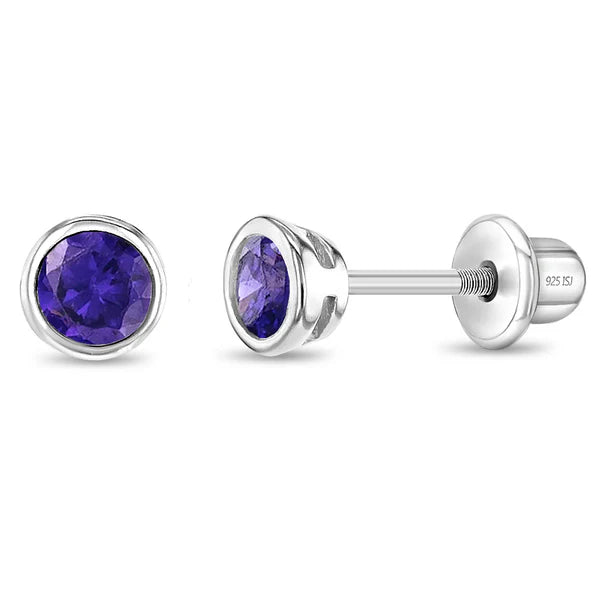 In Season Jewellery 4mm silver screw back earrings with purple gemstones for children