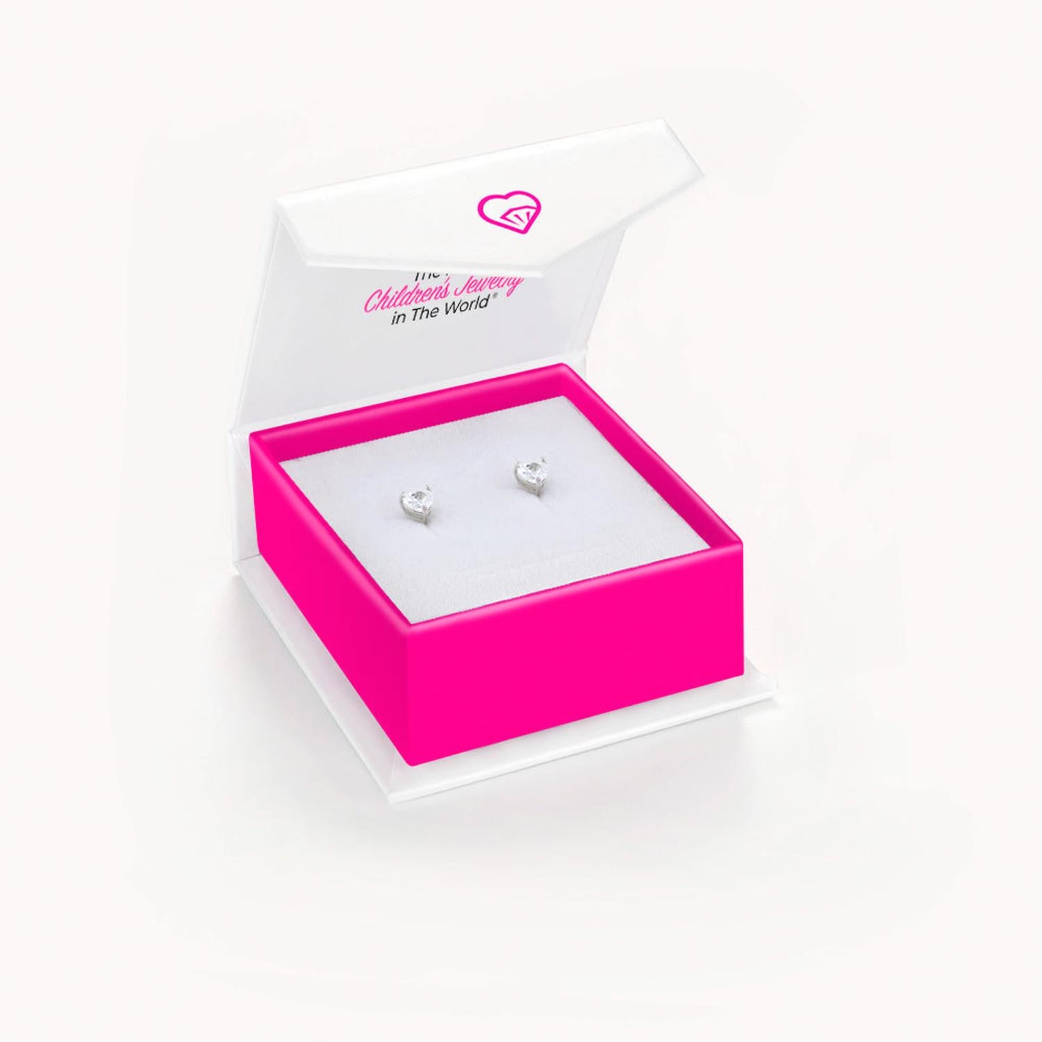 Children's sterling silver heart earrings displayed in a pink and white In Season Jewellery gift box